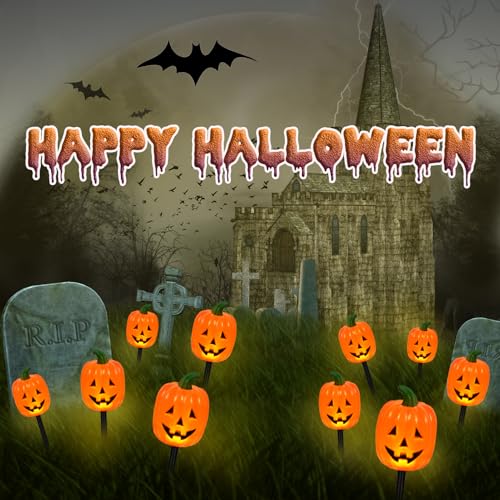 Long Pumpkin Stake Lights Set of 10 - Solar Halloween Yard Decor