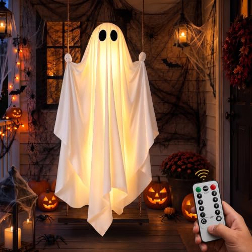 Large 5FT Hanging Ghost Decor with Remote Lights for Halloween Outdoors