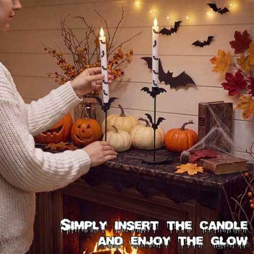 Halloween Bat Flameless Candles Set with Remote Timer - Gothic LED Tapers for Spooky Decor