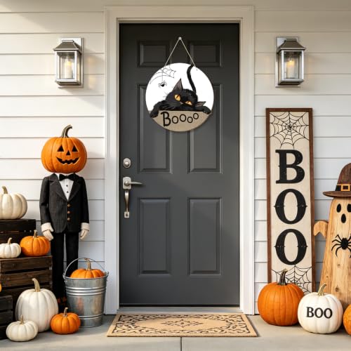 Halloween Black Cat Door Sign Decorations - Spooky Welcome Wreath for Front Door & Wall