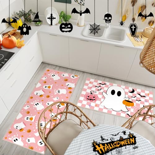 Halloween Ghost Kitchen Mat Set Pink Non Slip Rugs - Ghost / Pink Variation