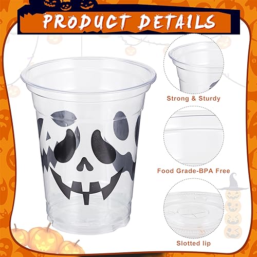 Halloween Ghost Disposable Cups Set - 12 oz Plastic Party Cups with Lids & Straws, 120 Pack