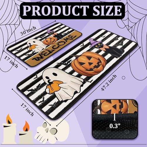 Halloween Pumpkin Ghost Bat Black Cat Door Mat Set of 2 - Floor Rugs for Home & Kitchen Decor - Black Cat Variation
