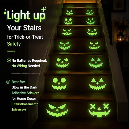 Glow Pumpkin Face Stickers 16 Pcs Glow in The Dark Halloween Window & Wall Decor - Waterproof Ghost Eyes Party Stickers
