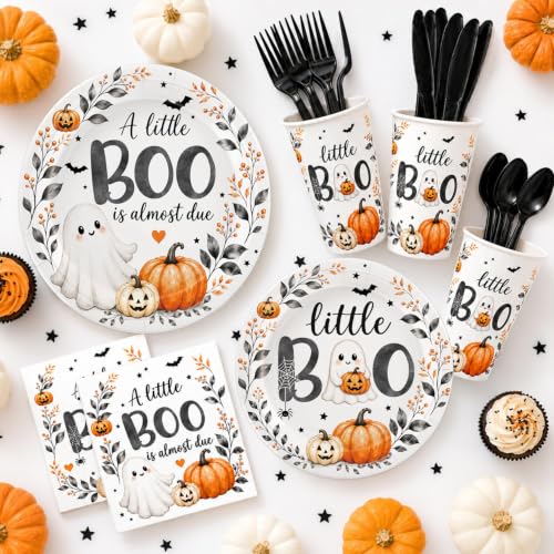 Halloween Baby Shower Tableware Set - 24 Plates Cups Napkins Cutlery