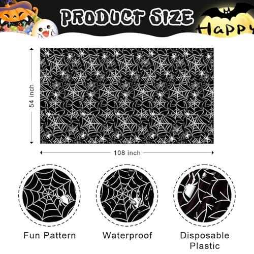 Halloween Plastic Tablecloth 1 Pack - Spooky Web & Spider Pattern, 54x108 Inch, Spillproof, Disposable, Black