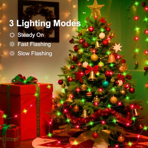 Battery Operated Fairy Lights 7ft 20LED Silver Wire Christmas String Lights - Red & Green, 3 Modes, Waterproof, 24 Pack