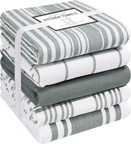 Cotton Clinic Assorted Kitchen Towels 5 Pack Grey White - Soft Absorbent & Quick Drying