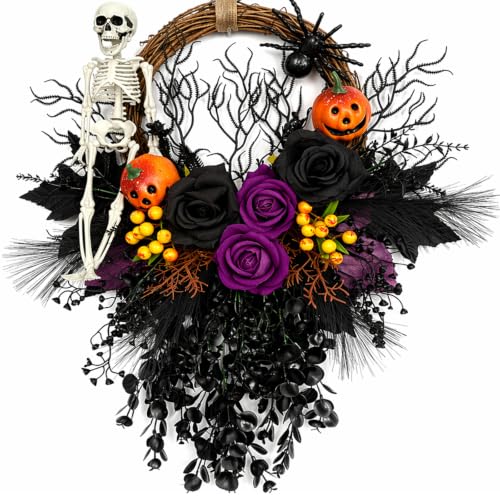 Halloween Gothic Skull Wreath for Front Door 16-Inch Spooky Decor