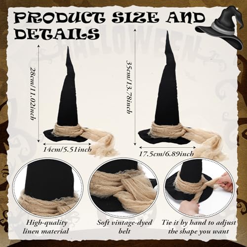 Vintage Halloween Witch Hat Table Centerpieces - Rustic Cotton Gauze Set, 13.78" & 11.02" - 2 Sizes