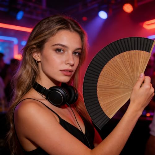 Black Handheld Foldable Fan for Women Vintage Bamboo Silk Wedding & Dance