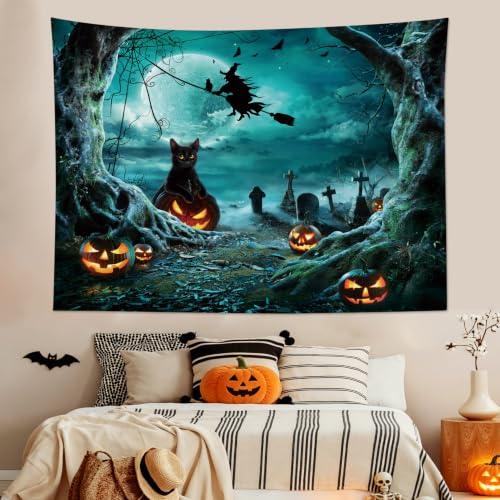 Halloween Teal Wall Tapestry - Black Cat Witches Ghost Pumpkin Decor - 40 x 60 Inches