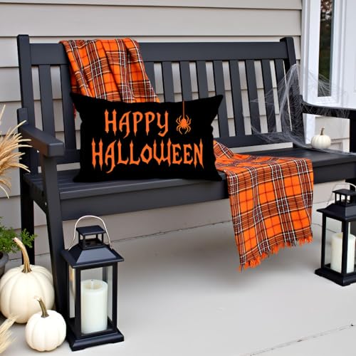 Happy Halloween Throw Pillow Cover 12x20 - Spider Orange & Black - Black Orange Variation