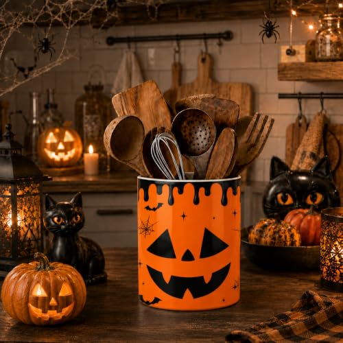 Halloween Utensil Holder with Pumpkins, Ceramic Kitchen Counter Organizer - Orange, 6 Inches
