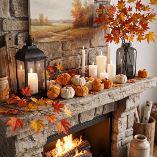 16 Pcs Faux Velvet Pumpkins Fall Harvest Decor Set - Rustic Autumn Colors