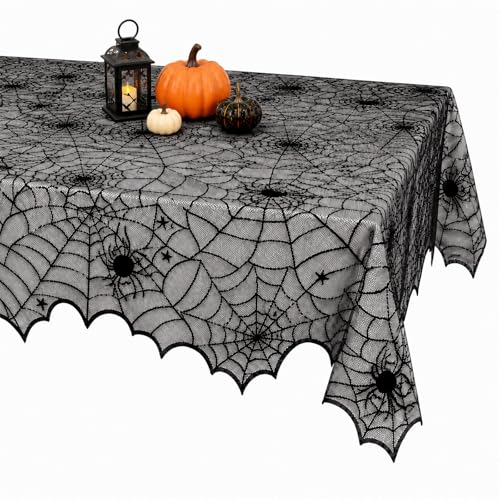 Halloween Spider Web Lace Tablecloth - 54x72 Inch Black Spooky Decor