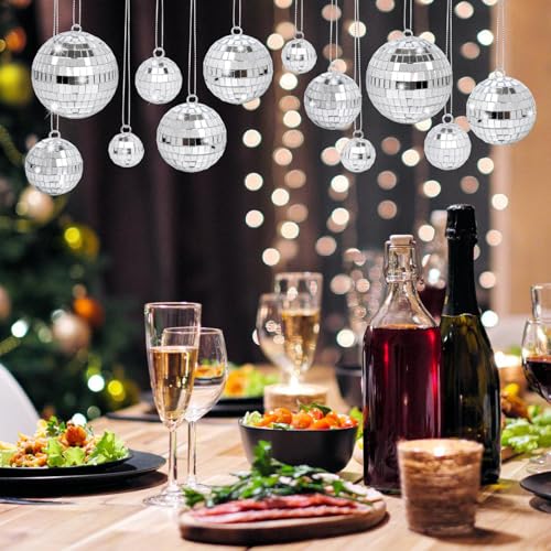 26 Pcs Silver Mirror Disco Ball Hanging Decorations for 70s Party & Events