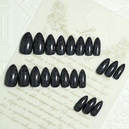 Press On Nails - Medium Stiletto Fake Nails with Goth Black Glitter Design, 24 pcs - Variation 06906Black