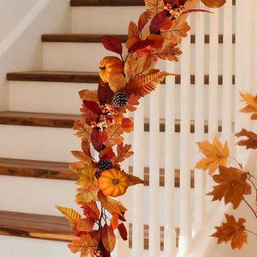 1 Pcs Fall Garland with Lights - Autumn Pumpkin Berry Maple Leaves Wreath for Mantle, Fireplace, Porch Decor