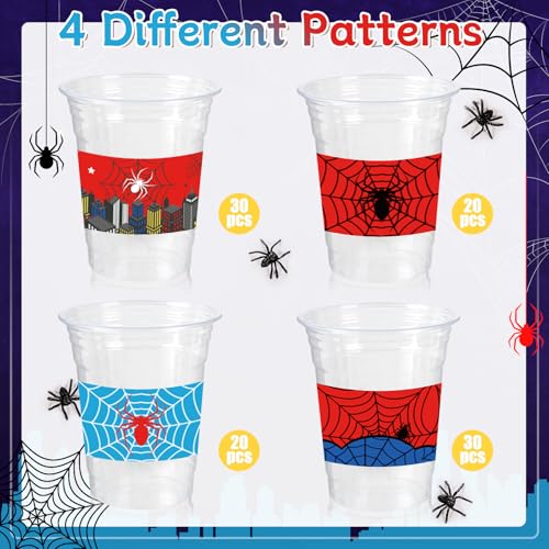 100Pcs Spider Web Party Cups - 12oz Disposable Plastic Drinkware for Halloween & Themed Celebrations - Red & Blue