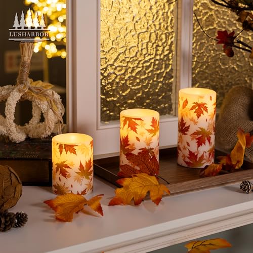 Fall Flameless Candles with Remote Control, Maple-Wax Autumn Set of 3