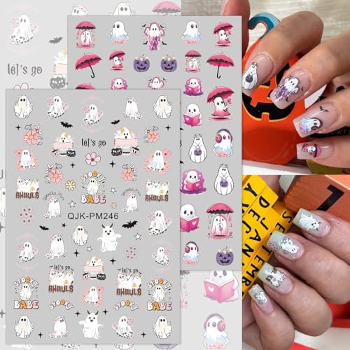 Halloween Nail Art Stickers - 3D Pumpkin Ghost Spider Web Bats Decals, Self-Adhesive, 8 Sheets - Halloween Edition