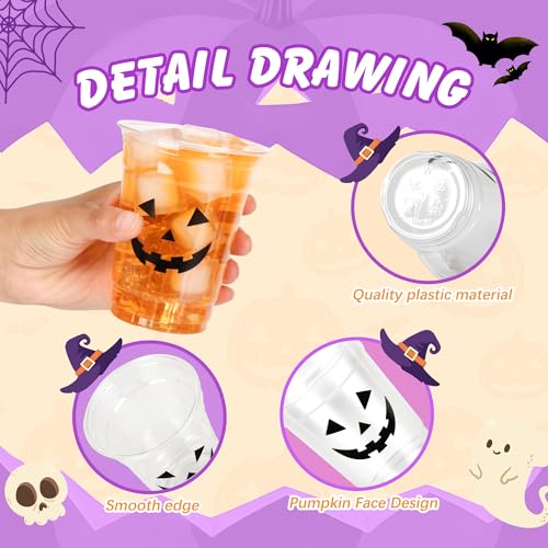 50 Pack Halloween Pumpkin Face Plastic Cups 12oz - Disposable Party Drinkware