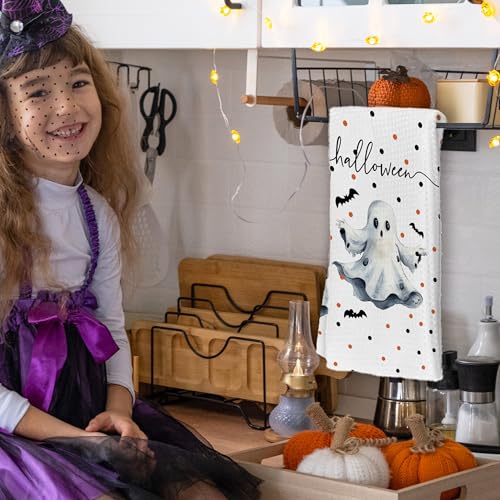 Halloween Kitchen Towel Set - White Spooky Ghost Black Face, 2-Pack, Indoor Home Decor