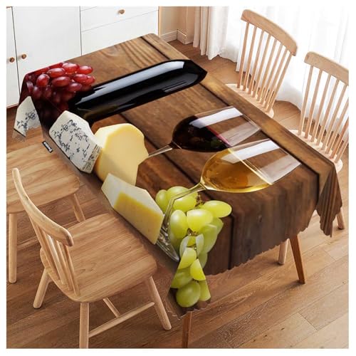 Wine and Cheese Tablecloth Rectangular 52x70 Inch - Red Wine Bottle & Grape Decor