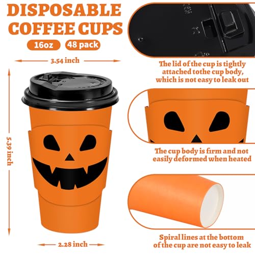 Halloween Coffee Cups 16oz with Lids & Sleeves - Ghost Design, 48 Sets