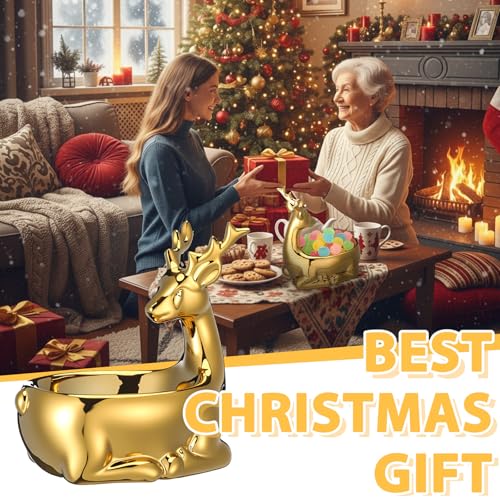 Christmas Candy Bowl Reindeer and Gold Ceramic Cookie Storage Dish - Festive Holiday Decor