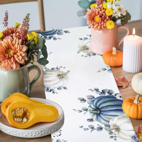 Fall Thanksgiving Table Runner 13 x 90 Inches Grey Blue Pumpkin Eucalyptus