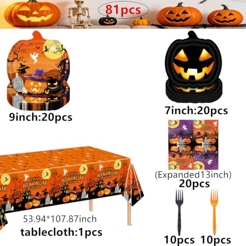 Halloween Pumpkins Party Plates Set 81pcs Orange & Black with Tablecloth & Utensils