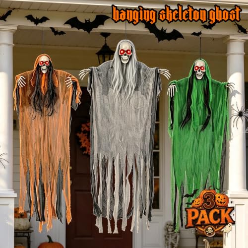 Halloween Hanging Skeleton Ghost Decorations Set with Light Up Red Eyes - Multicolor