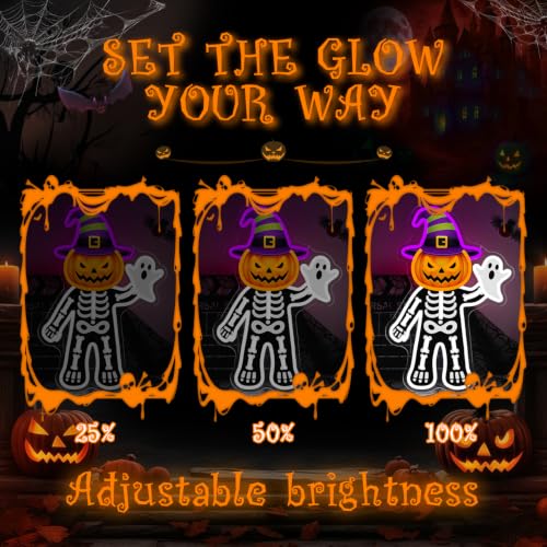 Pumpkin Skeleton Halloween Neon Sign - Ghost LED Wall Decor, Dimmable, USB Powered