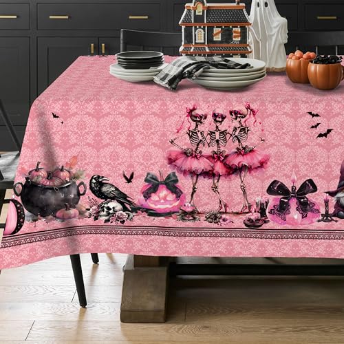 Elegant Pink Halloween Tablecloth 60x102 Inch Rectangular Spooky Pumpkin Ghost Skull Web Party Decor