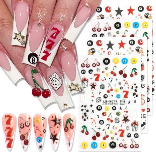 Cartoon Pool & Dice Nail Art Stickers - 4 Sheets 5D Embossed Self-Adhesive