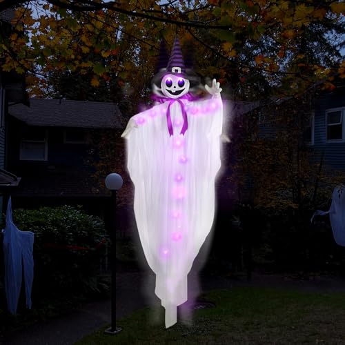 55-Inch Halloween Hanging Ghost with Witch Hat & LED Lights - Animated Spooky Decor