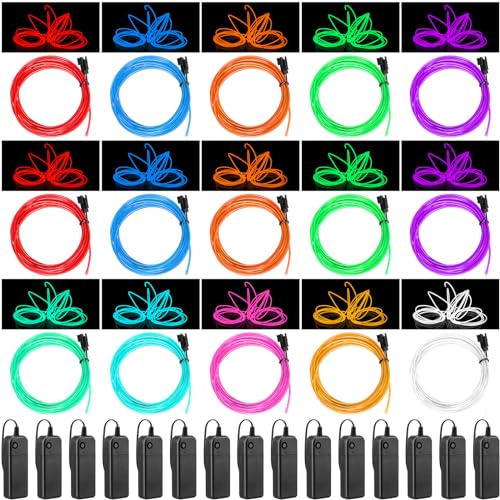 13ft Neon EL Wire Light Set - 15 Pack, 3 Modes, Battery Powered, Multi-Color