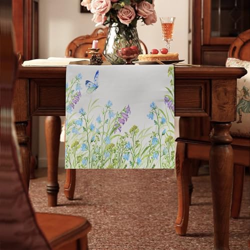 Spring Flowers Butterfly Table Runner - Farmhouse Burlap Summer Dining Linen 72 Inches