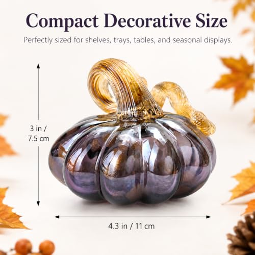 Purple Hand Blown Glass Pumpkin Fall Decor for Thanksgiving & Halloween