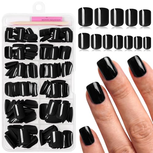 Black Extra Short Square Press On Nails with Glue Tabs - Timeless & Glossy
