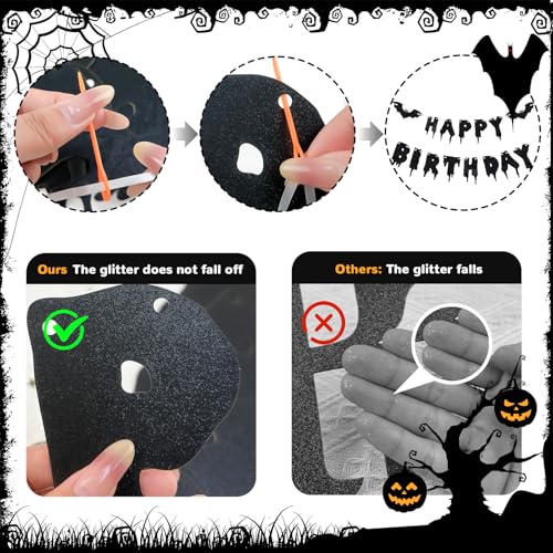Halloween Birthday Banner with Bat Decorations - Glitter Black Party Garland for Kids & Adults