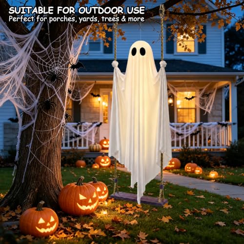 Large Outdoor Hanging Ghost Decoration with Swing, Lighted Halloween Yard Decor