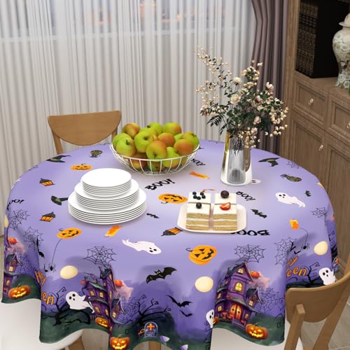 Halloween Round Tablecloth 60 Inch Spider Web Pumpkin Decor - Dark Purple