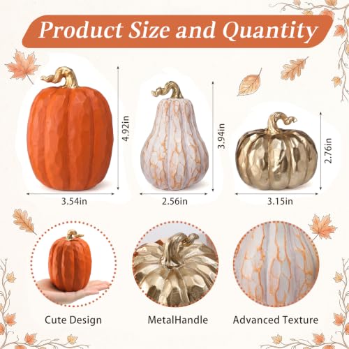 Fall Pumpkin Decor Set of 3 - White and Gold Resin Pumpkin Statues with Variation Pumpkin / Fall