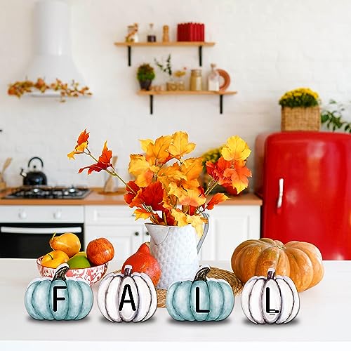 Fall Pumpkin Wooden Sign Set - Blue & White Harvest Decor for Thanksgiving & Autumn Home