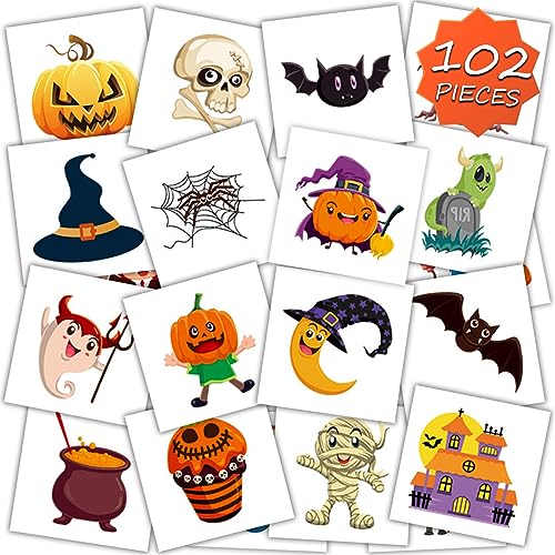 Halloween Temporary Tattoos for Kids - 102 Fun Sticker Sheets, Waterproof & Easy to Remove