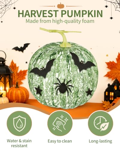 Round 9x9 Inch Artificial Pumpkin Fall Decor - Green Rustic Halloween Thanksgiving