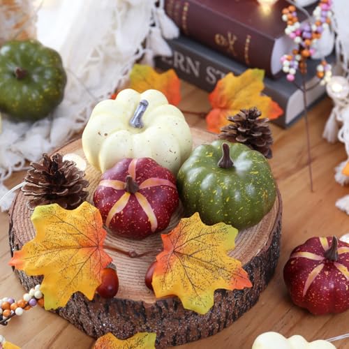 Autumn Pumpkin Decor Set - Green, Beige & Dark Brown 32 Pcs Thanksgiving Home Accent